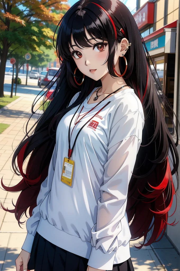 anime panel,upper body, 1girl,solo Korean, long black curly hair with red highlights, red slanted eyes, casual clothes, ear piercing, necklace, hair illuminated by sunlight, park background