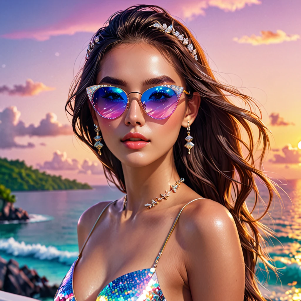 ((Best quality, 8k, Masterpiece :1.3)), 1girl, Pretty woman with emphasizing slender abs :1.3, (random hairstyles :1.2), Ultra-detailed face, Detailed eyes, Double eyelid, neon lighted sunglass, on a white hourse, wearing diamond jewelleries, tons of glitters, dreamy, resort island, sunset