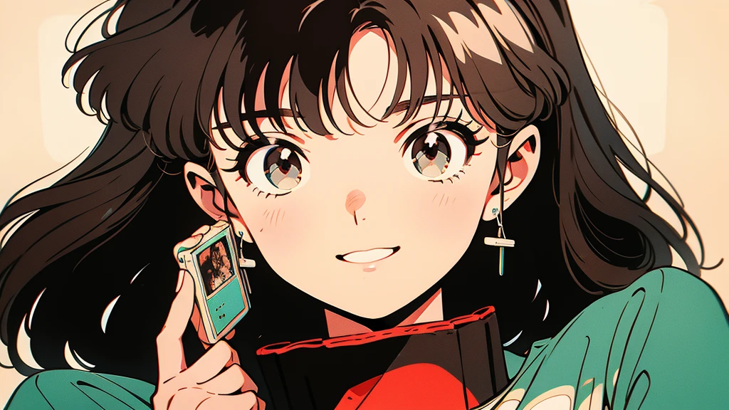 Anime-style illustration of a girl holding a cassette tape. The background is simple、The focus is on the girl and the cassette tape.. The girl has big eyes, Brown Hair, Wearing casual clothes. The cassette tape is labeled in red ``1980...''. The girl is smiling and holding the cassette in front of her face.Retro、4k、American casual