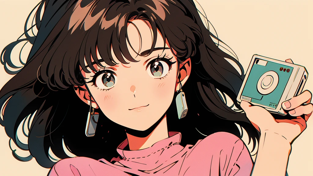 Anime-style illustration of a girl holding a cassette tape. The background is simple、The focus is on the girl and the cassette tape.. The girl has big eyes, Brown Hair, Wearing casual clothes. The cassette tape is labeled in red ``1980...''. The girl is smiling and holding the cassette in front of her face.Retro、4k、American casual