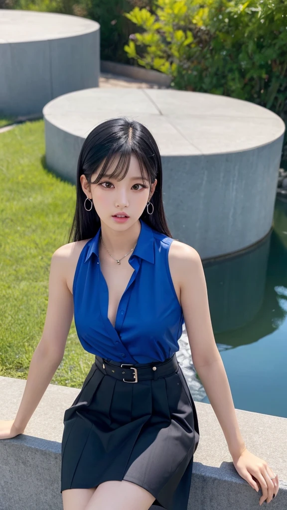 Blackpink&#39;s Kim Jennie with black hair, pale skin, japanese, con cara de doll, large eyes, fat and round lips, ojos de doll (doll), with black eyes, big chest.
blue shirt, thin straps, prominent neckline and big chest.
Black hair Sitting with view from above Provocative pose Japanese Little clothes, only shirt and skirt
