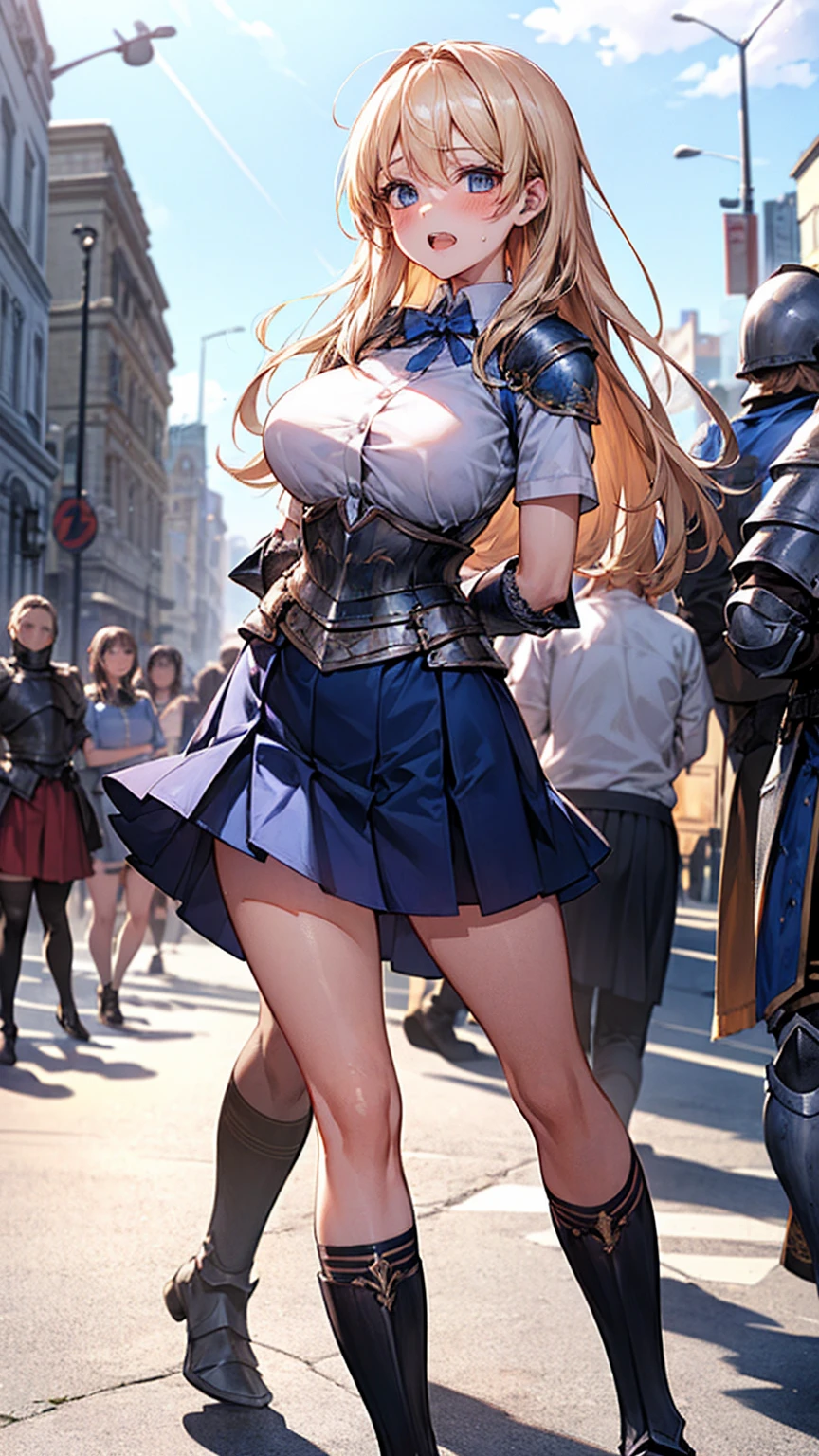 Highest quality,One girl,crowd,((((10 years old:1.3)))))),((Big Breasts:1.3)),Curvy,orgasm,blush,Grit your teeth, Sweat,Blonde,Long Hair,((Hip armor,White shirt,Blue Skirt:1.3)),mini skirt,Fantasy,((Under the skirt,Lace panties,White panties:1.1)),Knee-high,city,((Open shirt)),((Put your arms behind your back:1.1)),walking
