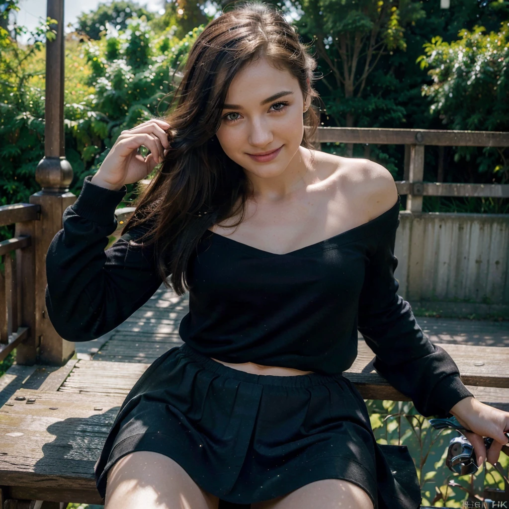 Solo 1 beautiful woman 28 years old Beautiful smile,pale skin,fine model,12 again, black shirt with long sleeves, cat print, adolescent, Black Skirt,Comfortable arm warmers,(best qualityer,4K,8K,high resolution,work of art:1.2),ultra detali,(realisitic,photorealisitic,photo-realisitic:1.37),hdr,ultra HD,studio lighting, bright coloured,soft lighting,magical atmosphere, face detailed, sitting on the bridge.