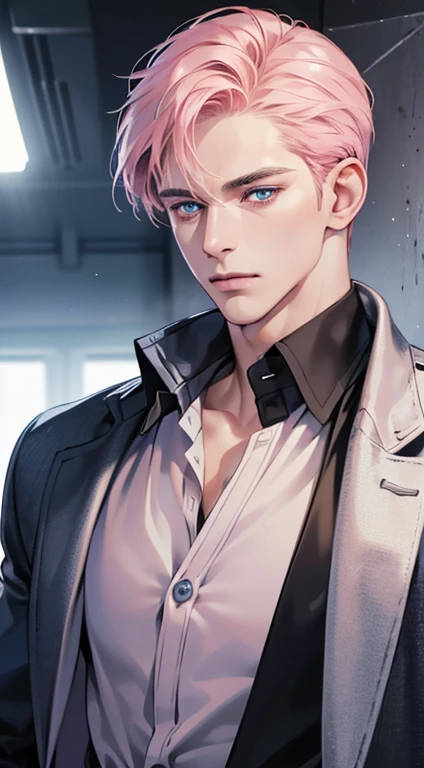 (best quality, masterpiece, 8K, photorealistic, cinematic lighting, 1:4 hdr image, ultra detailed, beautiful image), a mature man, 34 years very handsome, ((cold expression)), short pink hair, blue eyes, face perfect without mistakes, ((buttoning his jacket, CEO))