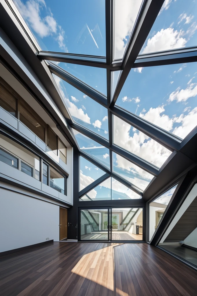 a picture of a roof with a Triangular glass  colour, Size: Width 1.5 meters, length 6 meters, 2 sheets connected together to form a shape L style , deconstructivism, deep 3 point perspective, concept boot roof