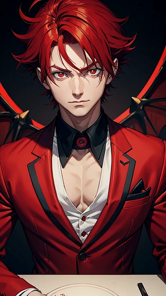Demon boy with ruffled red hair in a red suit with a psychopath face