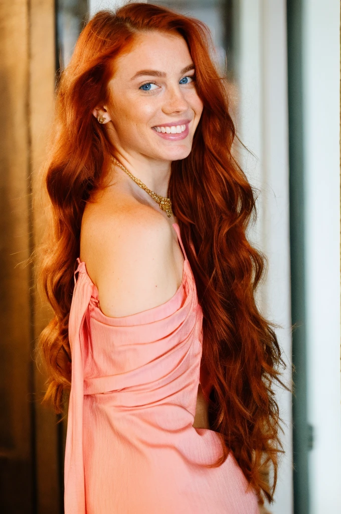 A young redhead wearing a necklace with long red hair and blue eyes, precision style, wavy and textural layers, light amber and pink, cotton olive, flattering lighting, effortless elegance. in a nightclub, drinking wine with a friend. with a huge and beautiful toothy smile (showing his teeth), (when he smiles he makes two holes in his cheeks).
