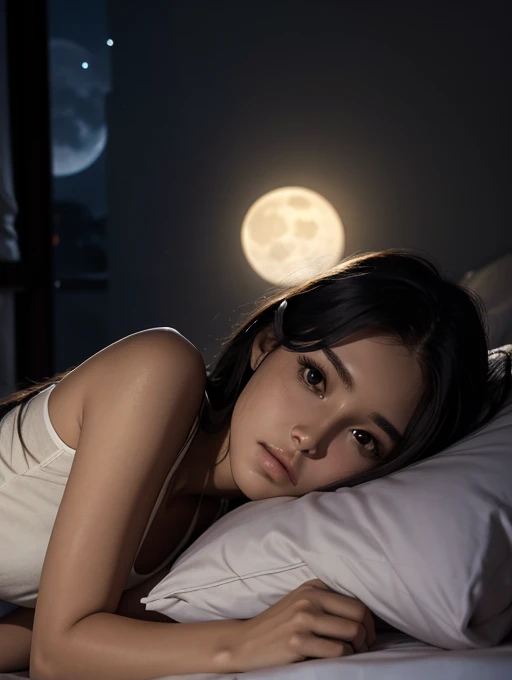 25 year old female, longye hair, neutral expression, traços ocidentais, camisola, lying on her bed, dark bedroom, moonlight shining through the window
