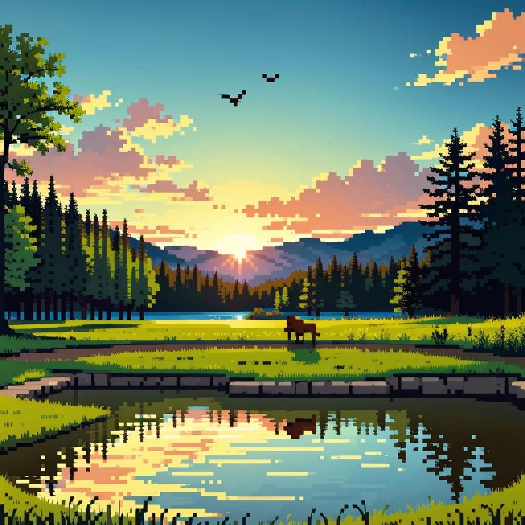 A beautiful sunrise landscape, dramatic sky, sun peeking over horizon, golden sunlight, rolling hills, lush green meadow, tall trees, fluffy clouds, serene lake reflection, birds flying, warm color palette, vibrant colors, highly detailed, photorealistic, 8k, best quality, masterpiece