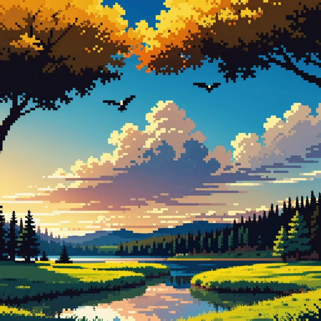 A beautiful sunrise landscape, dramatic sky, sun peeking over horizon, golden sunlight, rolling hills, lush green meadow, tall trees, fluffy clouds, serene lake reflection, birds flying, warm color palette, vibrant colors, highly detailed, photorealistic, 8k, best quality, masterpiece