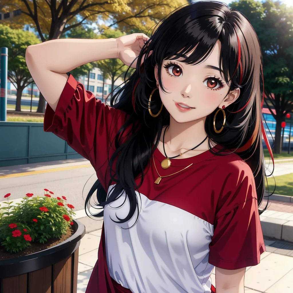 anime panel,upper body, 1girl,solo Korean, long black curly hair with red highlights, red slanted eyes, casual clothes, ear piercing, necklace, hair illuminated by sunlight, park background,smile