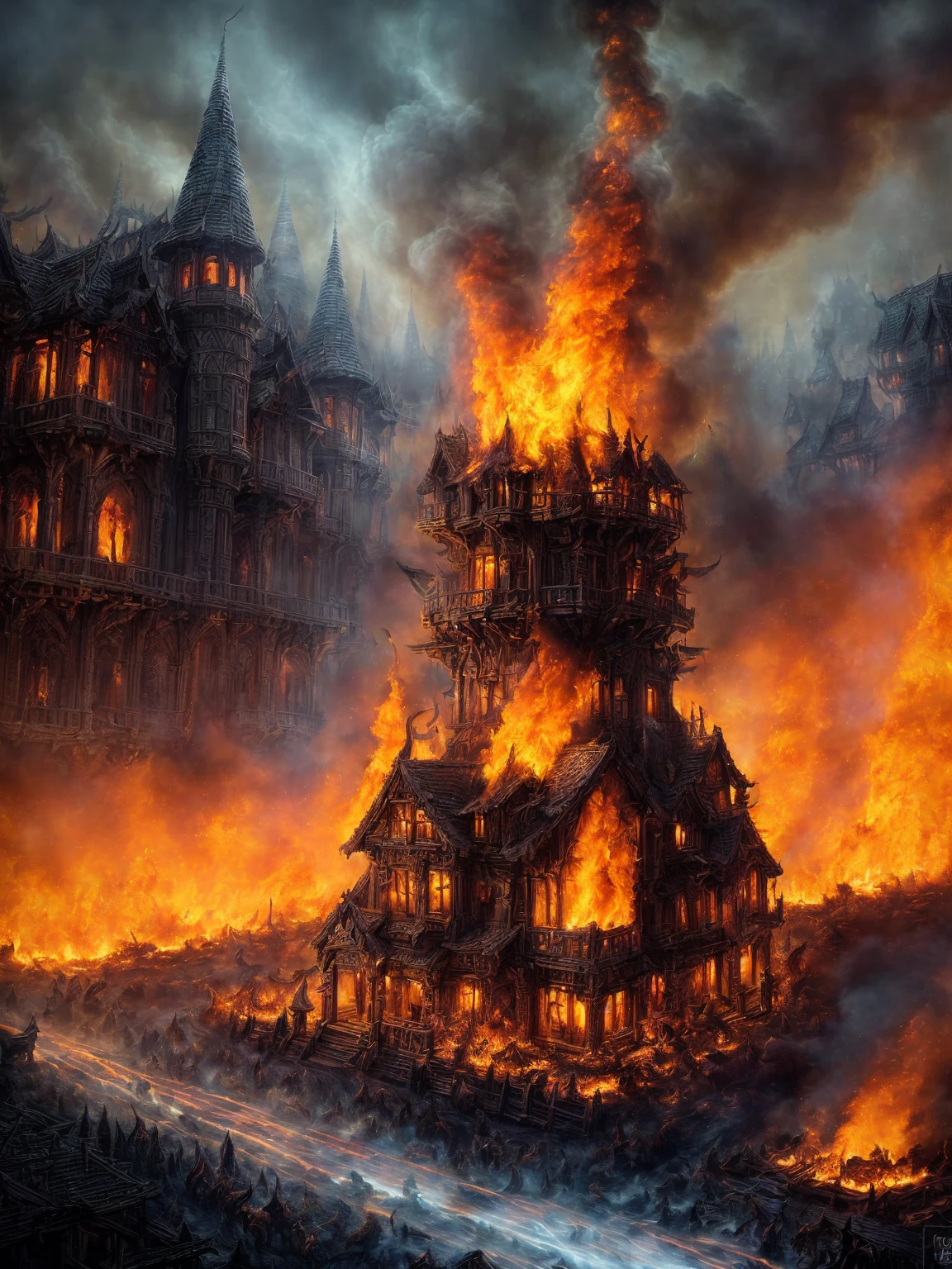 (Award-winning masterpiece:1.5), (incredible detail), (hyper realistic:1.4), (whole body:1.7), (village engulfed in flames), (brutal creature rampaging through the streets), (witches engaging in combat), (spells clashing), (detailed depiction of fire and chaos), (dramatic lighting), (intricate details:1.1)