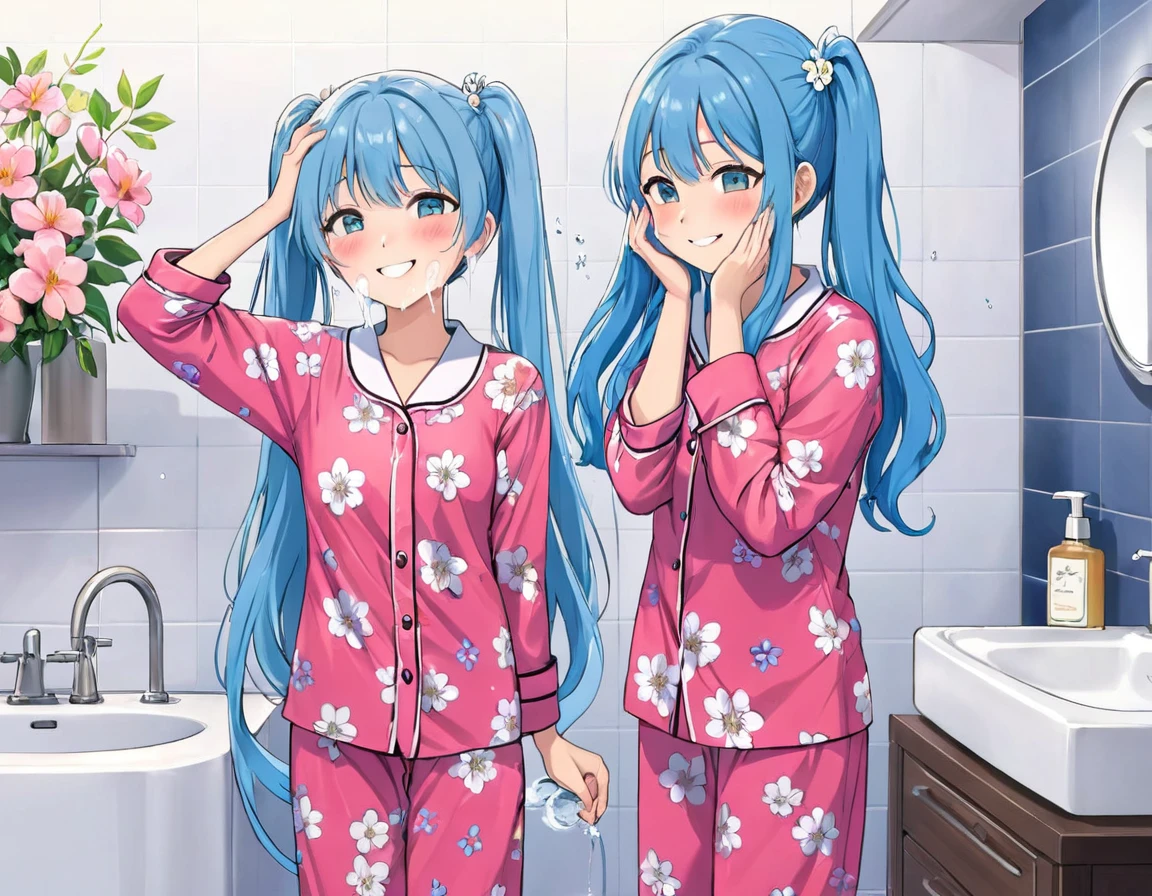 Light blue long hair、Twin-tailed Girl、Pink pajamas with floral pattern、smile、Washing her face in the bathroom、A lot of margaret flowers are displayed、Splash