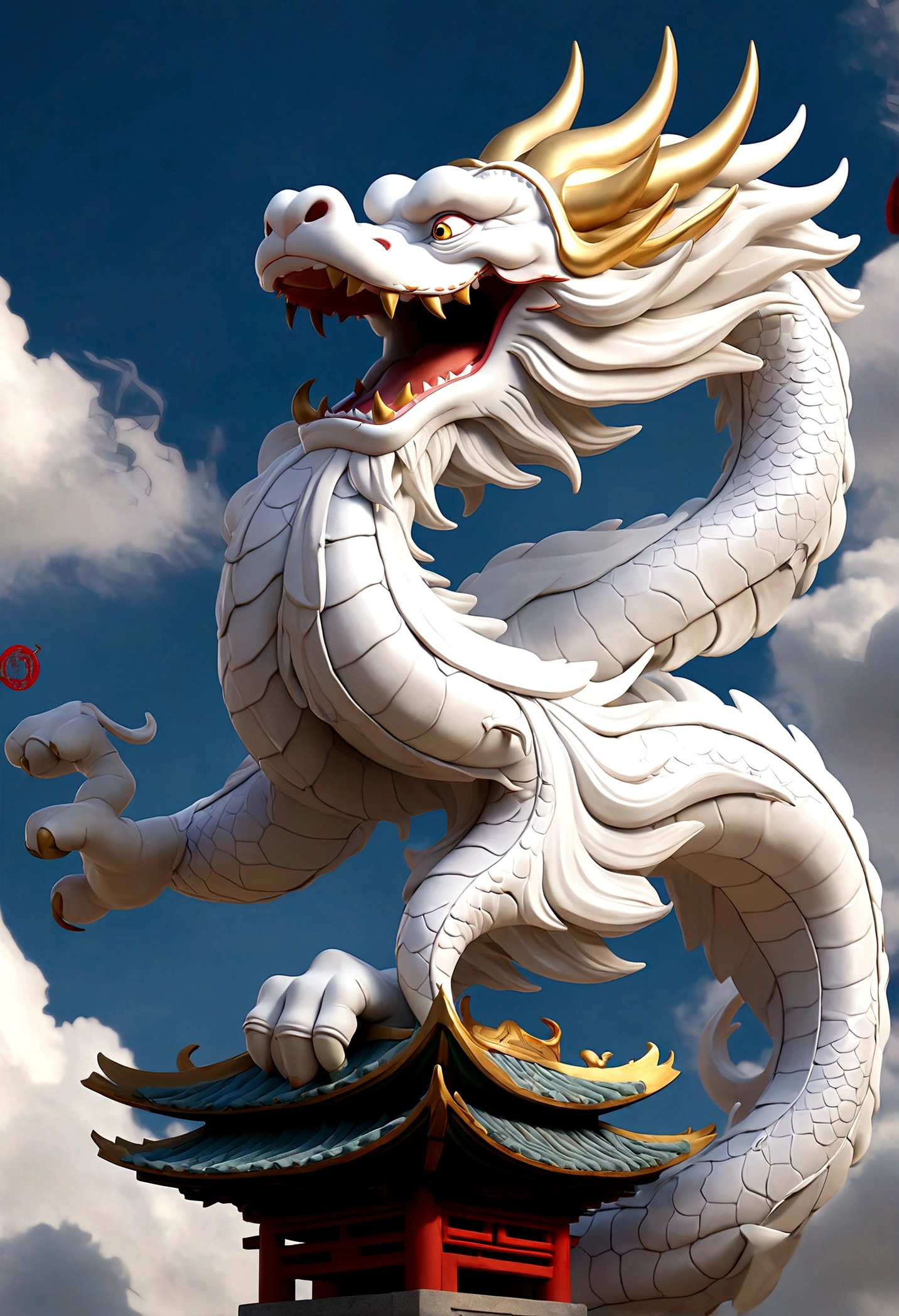 flag、masterpiece、(White background:1)、White Chinese dragon surrounded by white clouds、god繰り返し繰り返し降臨、Wind、god々、Because it's long and wavy、The dazzling sun