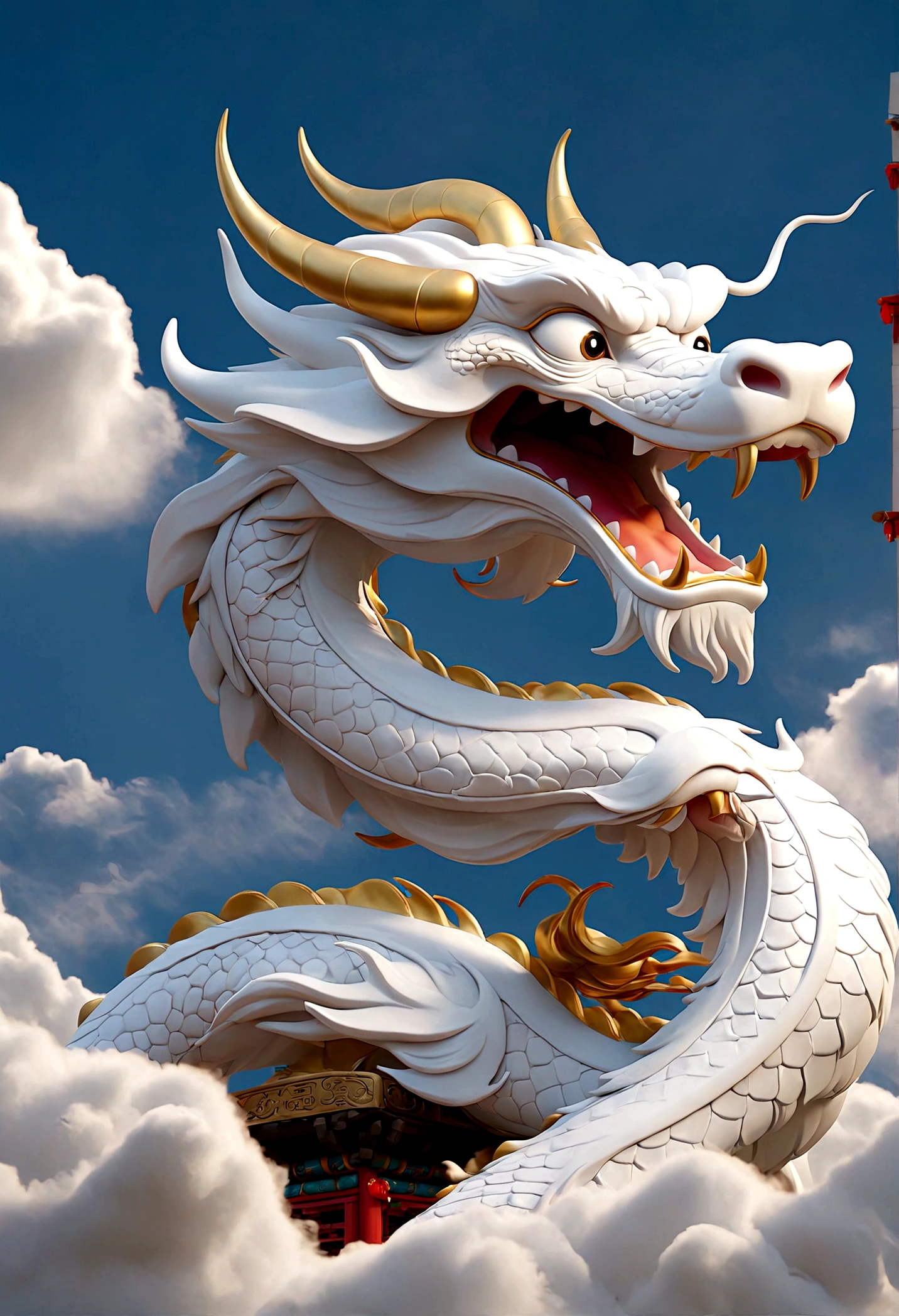 flag、masterpiece、(White background:1)、White Chinese dragon surrounded by white clouds、god繰り返し繰り返し降臨、Wind、god々、Because it's long and wavy、The dazzling sun