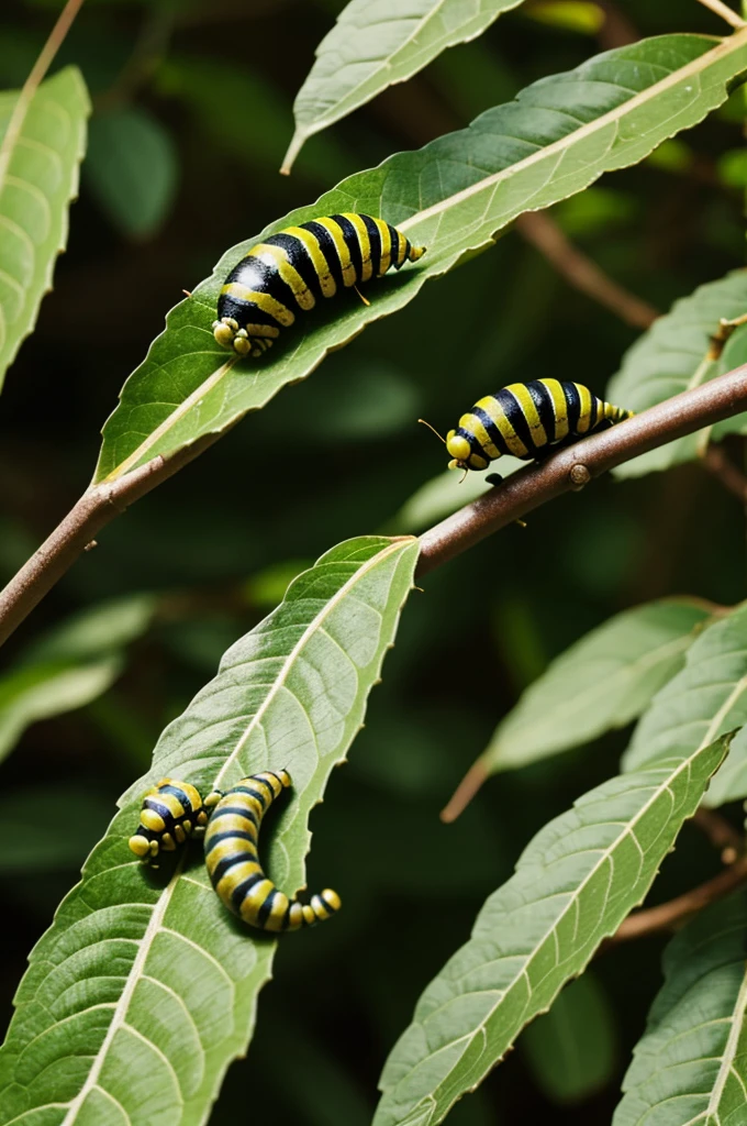 A caterpillar on the leaf on the branch on the tree next to the path in the forest