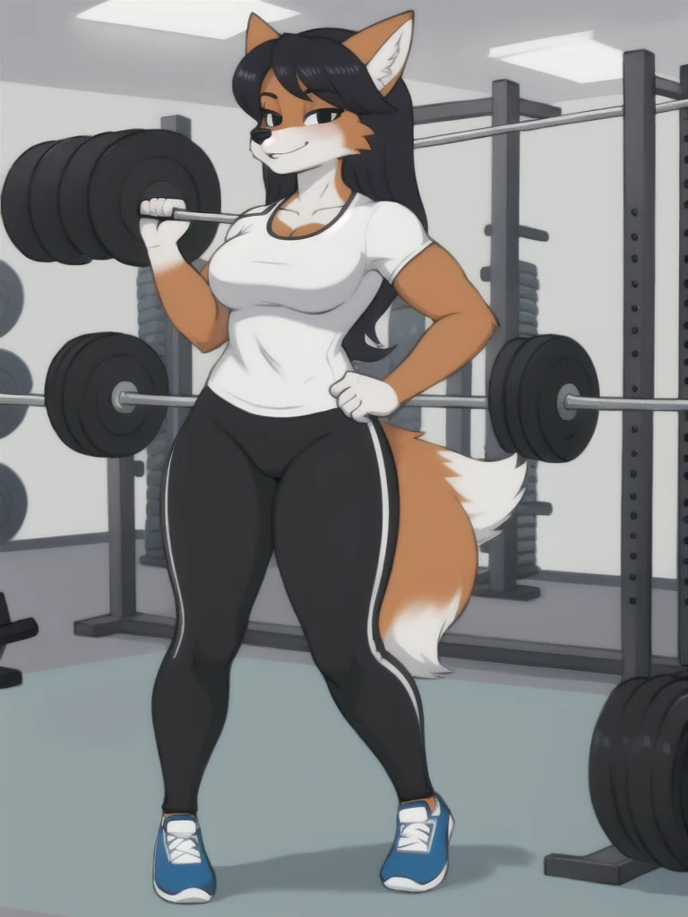 Furry, fox, female, white shirt, black leggings, shoes, gym, teen, full body
