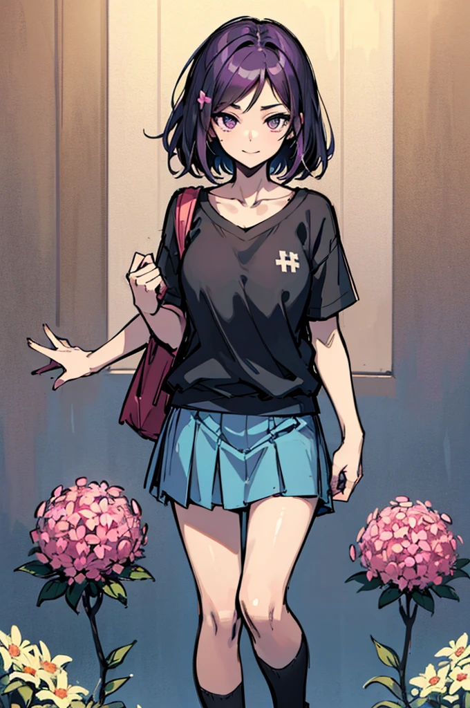 (absurdres, 8k, 4k, masterpiece, hyper extreme detailed:1.2), solo, 1girl, front view, perfect face, 1girl, portrait, looking at viewer, solo, standing, Female, Mature Female, expressive eyes, perfect face, dark purple hair, 1girl, messy hair, perfect anatomy, adult, standing, straight hair, pale, full body, Short hair, perfect anatomy, friendly, happy, good, good natured, kind, kindhearted, understanding, honesty, integrity, empathy, empathic, smile, nice, happy, expressive, cute, caring, Compassionate, Humility, Integrity, Forgiveness, forgiving, sparkling eyes, expressive eyes, hair covering forehead, swept bangs, medium bust, t-shirt, cute outfit, blue skirt, wholesome, Patience, love, loving, Generous, savior, saint, saintly, devoted, selfless, Positive, Encouraging, polite, courage, courageous, Considerate, unselfish, Diligent, warm, welcoming, Temperate, Cooperative, faithful, Imaginative, Fairness, fair, perfect, normal, 1girl, cutesy, pins, hairpins, bedroom background, colorful, backpack, flowers, flowers in hair, slender, slim, beautiful, wonderful, college student, warm smile, clasped hands, tilted head, hope, integrity, inspiring, benevolent, huggable, cute outfit, cute bag, hands in pockets,