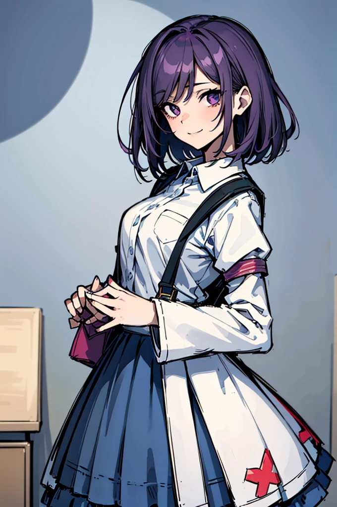 (absurdres, 8k, 4k, masterpiece, hyper extreme detailed:1.2), solo, 1girl, front view, perfect face, 1girl, portrait, looking at viewer, solo, standing, Female, Mature Female, expressive eyes, perfect face, dark purple hair, 1girl, messy hair, perfect anatomy, adult, standing, straight hair, pale, full body, Short hair, perfect anatomy, friendly, happy, good, good natured, kind, kindhearted, understanding, honesty, integrity, empathy, empathic, smile, nice, happy, expressive, cute, caring, Compassionate, Humility, Integrity, Forgiveness, forgiving, sparkling eyes, expressive eyes, hair covering forehead, swept bangs, medium bust, t-shirt, cute outfit, blue skirt, wholesome, Patience, love, loving, Generous, savior, saint, saintly, devoted, selfless, Positive, Encouraging, polite, courage, courageous, Considerate, unselfish, Diligent, warm, welcoming, Temperate, Cooperative, faithful, Imaginative, Fairness, fair, perfect, normal, 1girl, cutesy, pins, hairpins, bedroom background, colorful, backpack, flowers, flowers in hair, slender, slim, beautiful, wonderful, college student, warm smile, clasped hands, tilted head, hope, integrity, inspiring, benevolent, huggable, cute outfit, cute bag, hands in pockets,