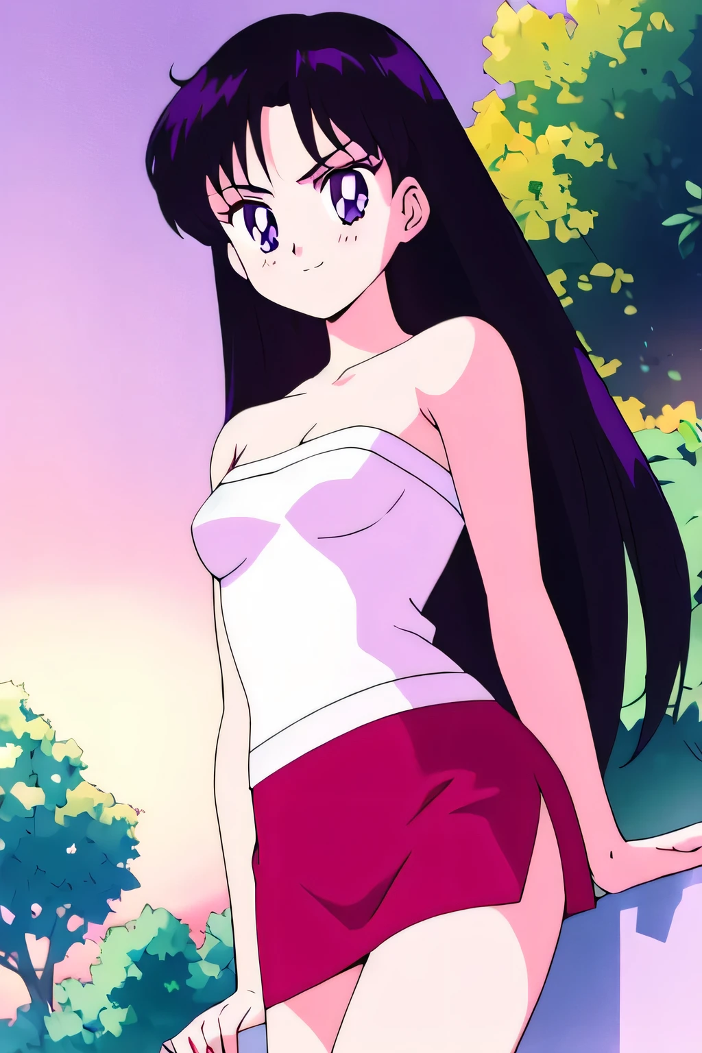 Rei Hino, 1 girl, solo, Best quality, masterpiece, High Definition, Teenager, Purple Eyes, Beautiful Detail Eyes, Black Hair, Long Hair, Good hands at sides, Seductive Smile, Blushing, Bare Neck, Bare Arms, Bare Shoulders, strapless, white ruffle off shoulder top, dark purple pencil skirt, standing, looking at viewers, garden, sunset skies, rose bushes, outdoor gazebo