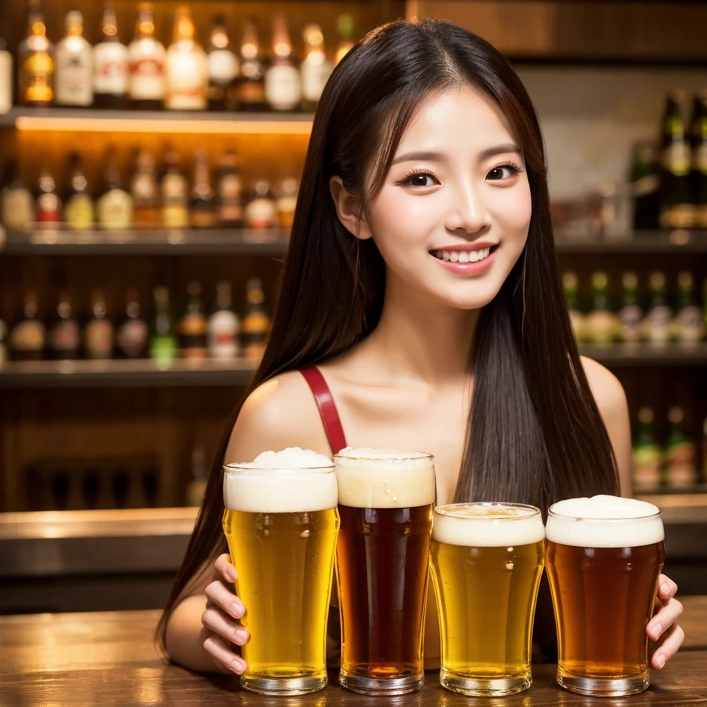 Beer promotion flyer, beauty asian, holding 2 glasses of beer