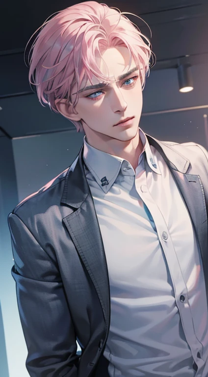 (best quality, masterpiece, 8K, photorealistic, cinematic lighting, 1:4 hdr image, ultra detailed, beautiful image), a mature man, 34 years very handsome, ((cold expression)), shor greyt pink hair, blue eyes, face perfect without mistakes, ((buttoning his jacket, CEO))