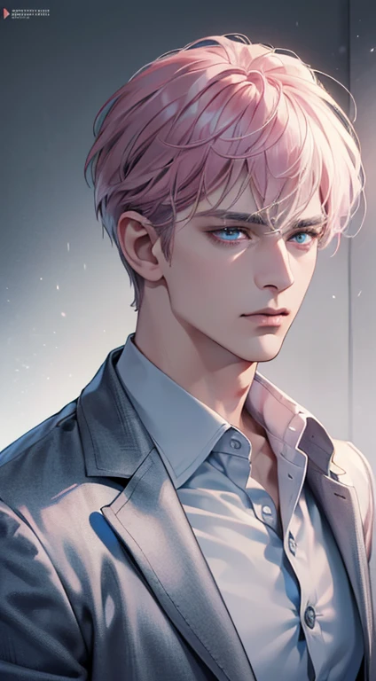 (best quality, masterpiece, 8K, photorealistic, cinematic lighting, 1:4 hdr image, ultra detailed, beautiful image), a mature man, 34 years very handsome, ((cold expression)), shor greyt pink hair, blue eyes, face perfect without mistakes, ((buttoning his jacket, CEO))