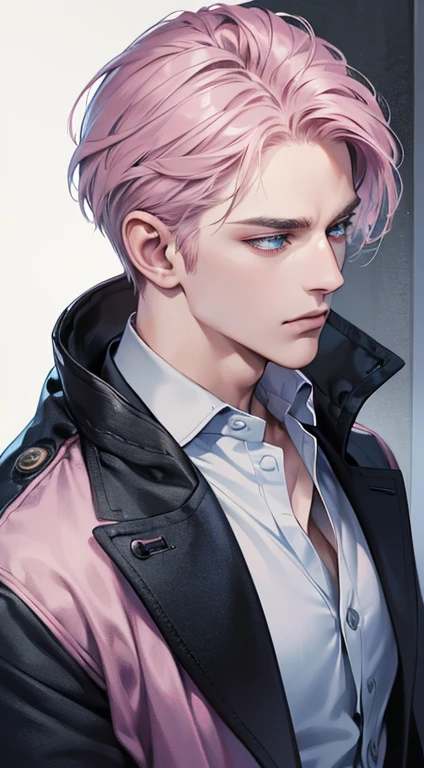 (best quality, masterpiece, 8K, photorealistic, cinematic lighting, 1:4 hdr image, ultra detailed, beautiful image), a mature man, 34 years very handsome, ((cold expression)), shor greyt pink hair, blue eyes, face perfect without mistakes, ((buttoning his jacket, CEO))