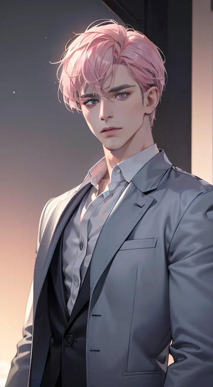 (best quality, masterpiece, 8K, photorealistic, cinematic lighting, 1:4 hdr image, ultra detailed, beautiful image), a mature man, 34 years very handsome, ((cold expression)), shor greyt pink hair, blue eyes, face perfect without mistakes, ((buttoning his jacket, CEO))