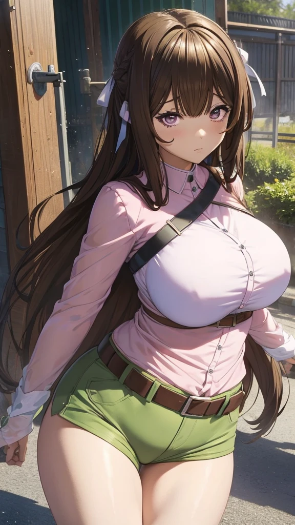 Anime serious girl, Kashino, kashino's hairstyle, 2 toned Brown hair, pink eyes, serious face, huge and round buson, gorgeous plump body, green soviet uniform, bullets belt, 1 gun in hand, Dynamic pose, action position