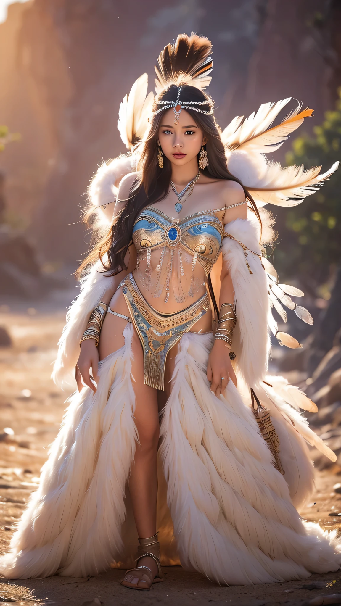 Beautiful Native American Princess, Woman,Very small revealing dress made of feathers, magie, enticing, hot and humid, Full length, Woman-body, hazel eyes, Ablaze, , broad detail. beautiful blurred background, perfect face and eyes, Ultra-detailed, ultra-maximized dynamics