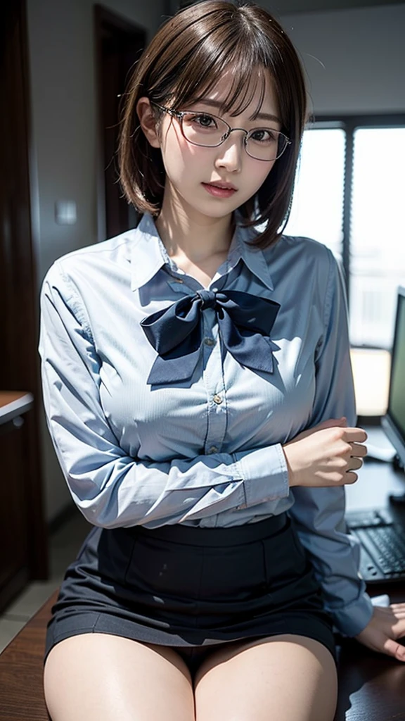 Realistic、Surreal、Cinema Lighting、32k、((1 Girl))、look up、Backlight、(Bright light:1.2)、(Improvement of quality:
1.4)、(Highest quality realistic textured skin:1.4)、Detailed face、short hair、Shot from the thigh up、From below、(Improved skin texture:1.1)、Matte texture、Open your mouth、opening of lips:1.1、Captivating smile:1.3、(((Large Breasts:1.4)))、(((Simple and stylish glasses)))、((A fitted light blue collared shirt))、tight black skirt、In front of a computer desk、Modern workplace with laptop、Working Japan Woman、(Show off your thighs:1.2)、plump:1.1、Ample breasts、(Stylish glasses)