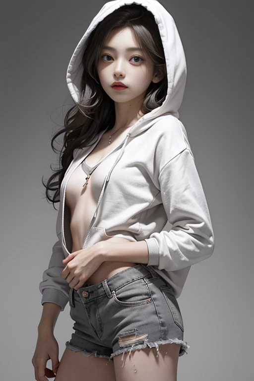 16k,ultra detailed fine quality picture,1 Beautiful 気だるそうな delicate girl,Beautiful double eyelids、Small breasts、flat chest,Beautiful Skin、(Grey white long stylish hair:1.3),hoodie,shorts