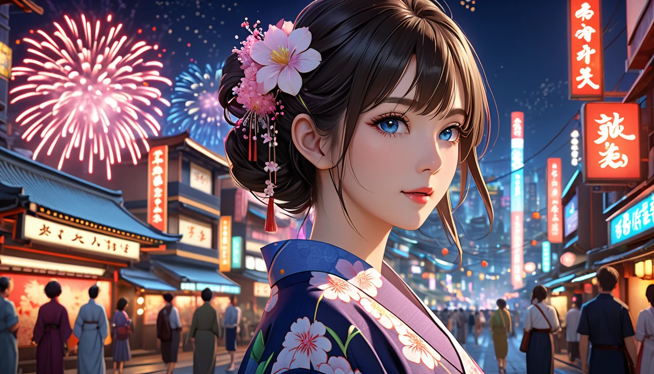 Fireworks、A woman wearing a yukata in the center of the screen、Beautiful Face、Beautiful eyes、Long eyelasheasterpiece, 最high quality, high quality, Highly detailed CG Unity 8k wallpaper, Fantasy cityscape, Neon cityscape,Feminine and mature atmosphere、Elegant、