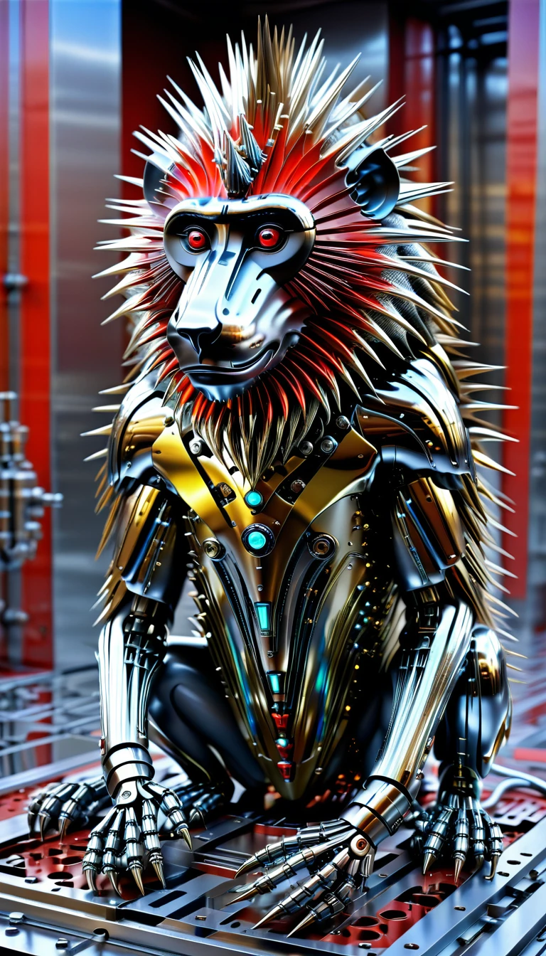 There is no one, Reality Photos, Reality Photos, Realistic photos of baboon-like creatures, spikes, multicolored sparkling, strange and, Surreal and, the other world, A robotic factory with a shiny assembly plant, intricate details, very sharp, Sophisticated details, Flawless composition, vivid colors, masterpiece, futuristic, metal decoration, The shiny red interior is empty., polished, ray tracing