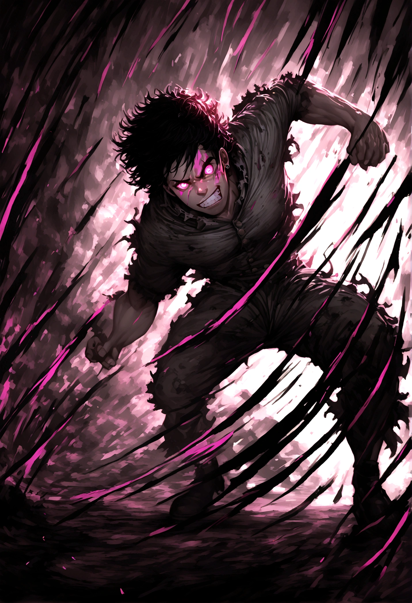 a muscular male hero in a combat pose, dynamic action shot, high contrast lighting, detailed facial features, piercing eyes, gritted teeth, tattered costume, dramatic shadows, dynamic motion blur, energetic color palette, hyper detailed digital art, cinematic lighting, heroic and intense expression