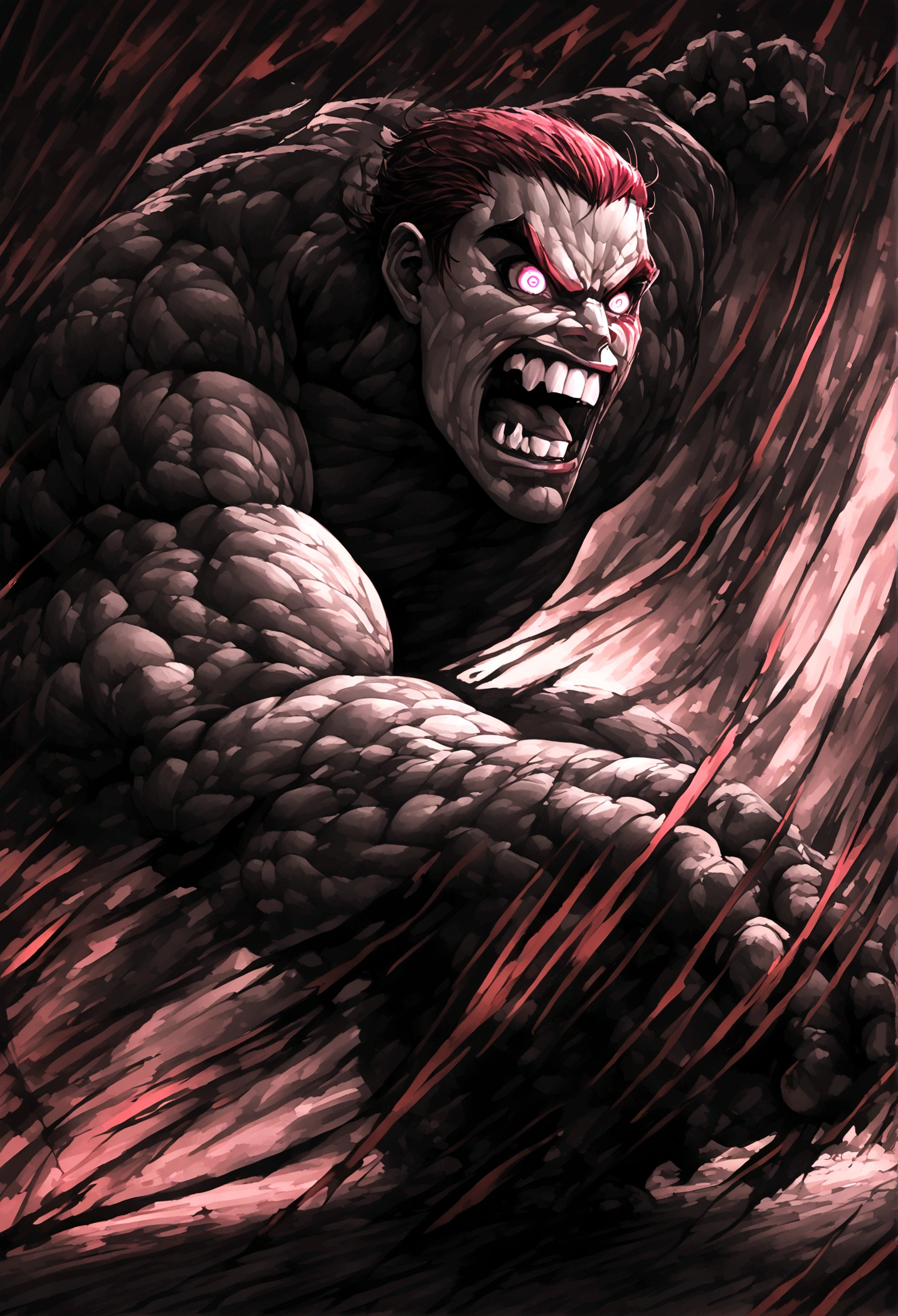 a muscular male hero in a combat pose, dynamic action shot, high contrast lighting, detailed facial features, piercing eyes, gritted teeth, tattered costume, dramatic shadows, dynamic motion blur, energetic color palette, hyper detailed digital art, cinematic lighting, heroic and intense expression