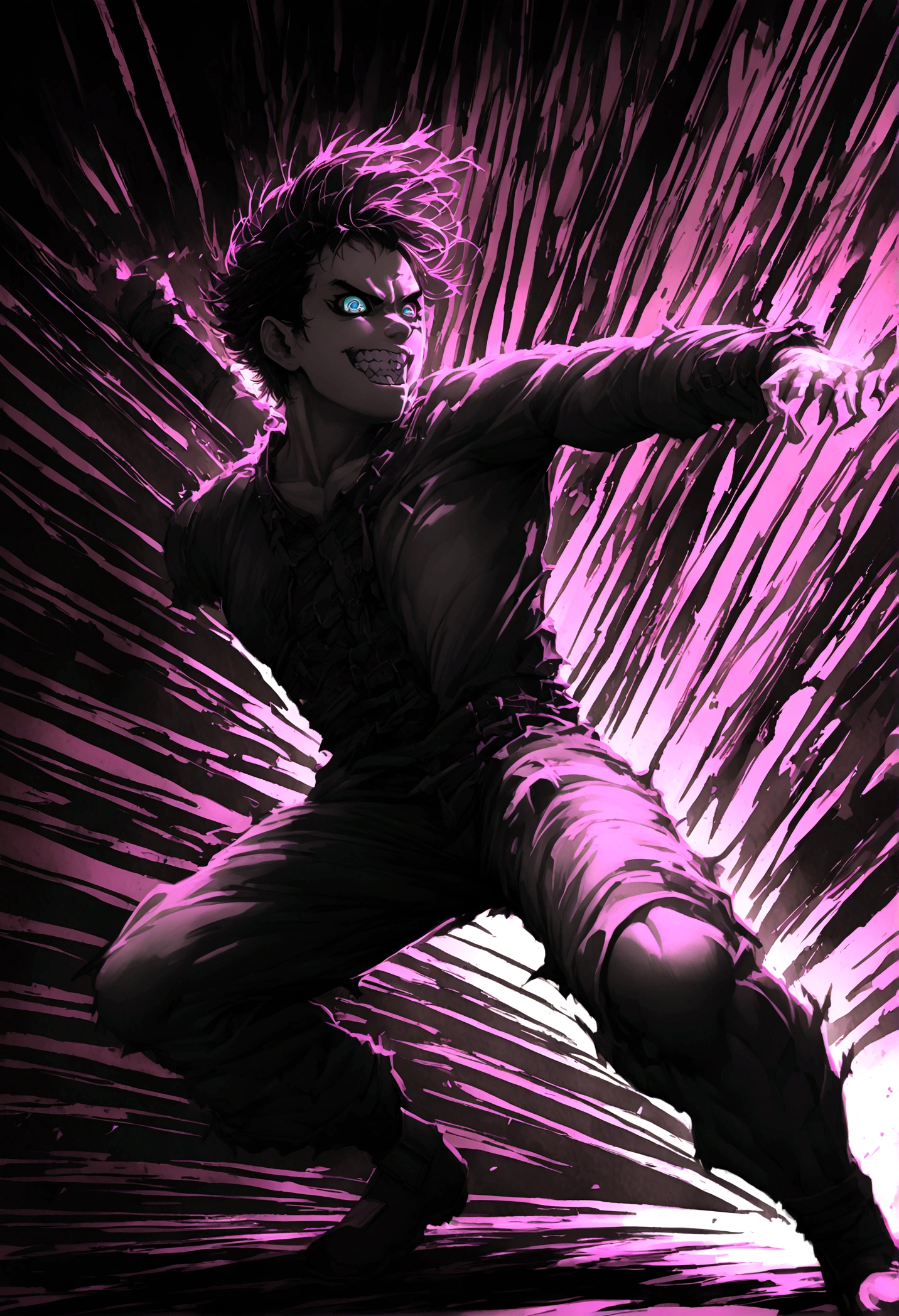 a muscular male hero in a combat pose, dynamic action shot, high contrast lighting, detailed facial features, piercing eyes, gritted teeth, tattered costume, dramatic shadows, dynamic motion blur, energetic color palette, hyper detailed digital art, cinematic lighting, heroic and intense expression