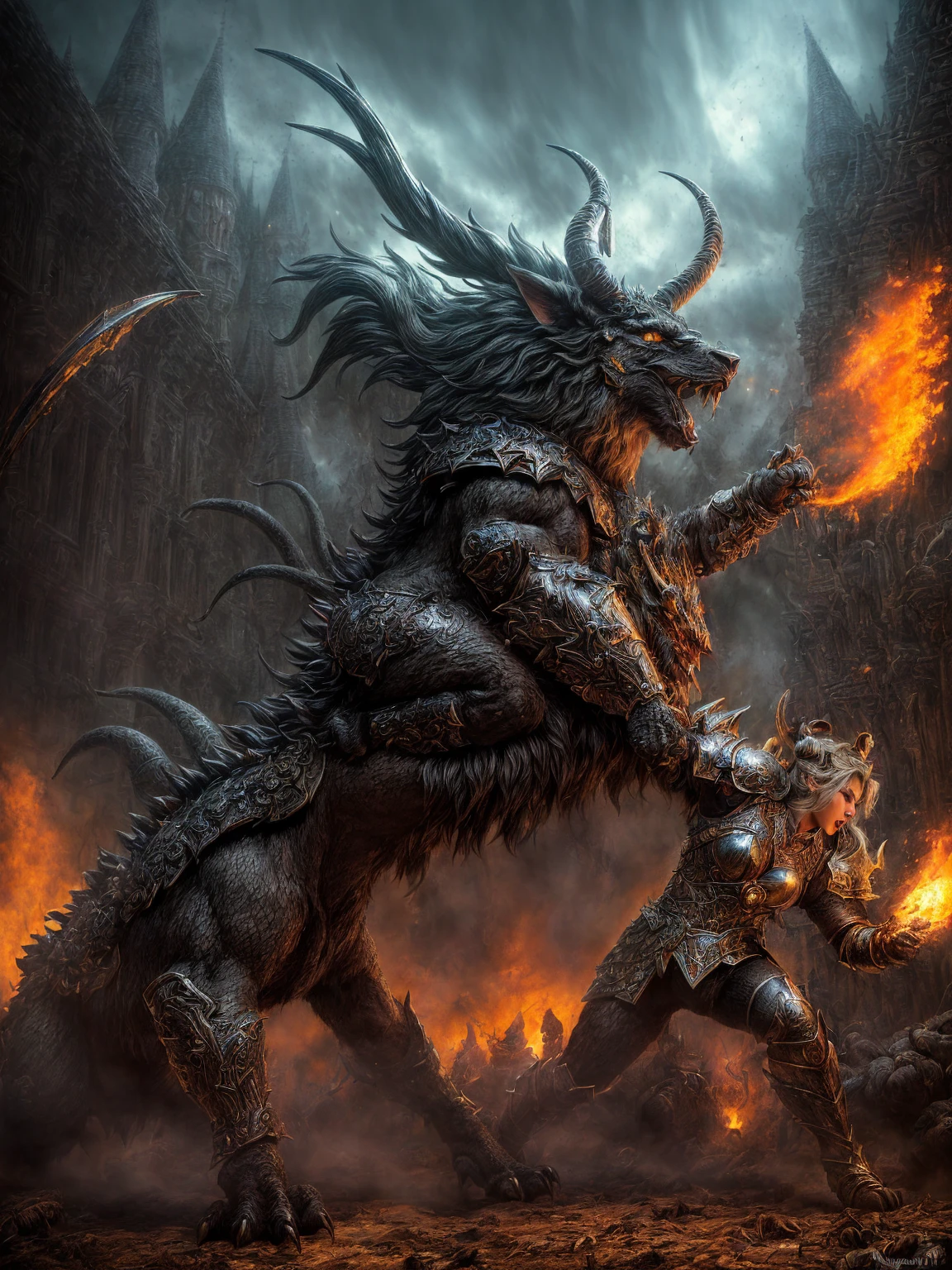 (Award-winning masterpiece:1.5), (incredible detail), (hyper realistic:1.4), (whole body:1.7), (witches defending their village), (brutal creature roaring in fury), (intense battle scene), (detailed depiction of enchanted armor and weapons), (blood-stained ground), (dramatic lighting), (intricate details:1.1)