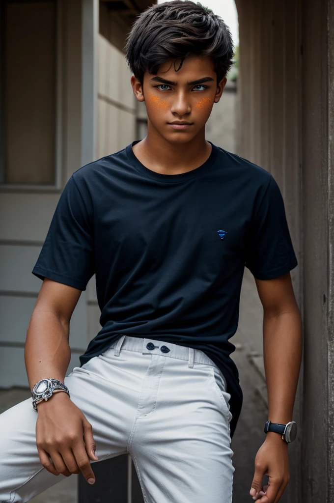 Teenage boy 17 years old, orange eyes with white dot, tanned, dark blue pants, black shirt, silver bracelet and silver watch, claw scar on face, left hand transformed into a beast claw