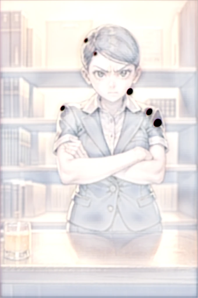 sayama,
1girl, solo, glaring, crossed arms, looking at viewer, bar, in a law library