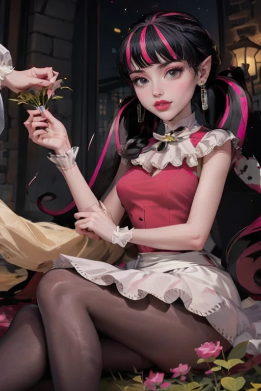 1 girl, a girl with bat wings, holding a red rose, succubus, a red roses on focus, red roses, black hair, pink hair, multicolored hair, bat choker, necklace, centered, bat jewelry, gothic scenery, Pink bat Jewelry, smile, vampire fangs, (looking at viewer), Draculaura_MH, wavy hair, solo, red roses, ornament hair, pink roses on her hair, bat ears on the top of the head, a vampire girl, holding a red rose, perfectly body, perfectly hands, pink hair, flowing hair, short hair, laying down on a grass, chinese garden style, oriental garden, a lake with white carpas on the background, gold lantern, black dress, chinese black dress, a dress with layers, short skirt, more details on her clothes, laying down, golden details, night, smiling, pink dress, garden scene, cowboy shot, luxury, gold details on her clothes, 1girl, dress, jewelry, maid clothes, maid, maid dress, maid apron, maid headdress, white apron, solo, black dress, gold lantern, Chinese style, Chinese lanterns, Chinese maid dress, laying down on the grass, black gloves, black socks, white laces, pink shoes, gold details on her clothes, cat ears, animal ears, garden, roses, more details, best quality