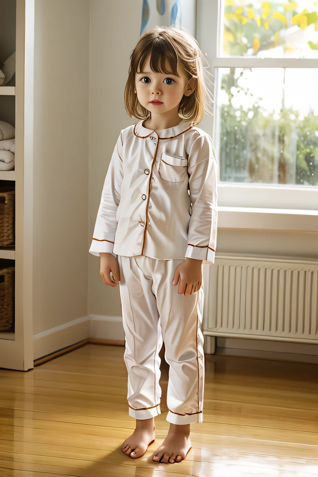 A girl, white pajamas, 3 years old, standing, Indoor,summer