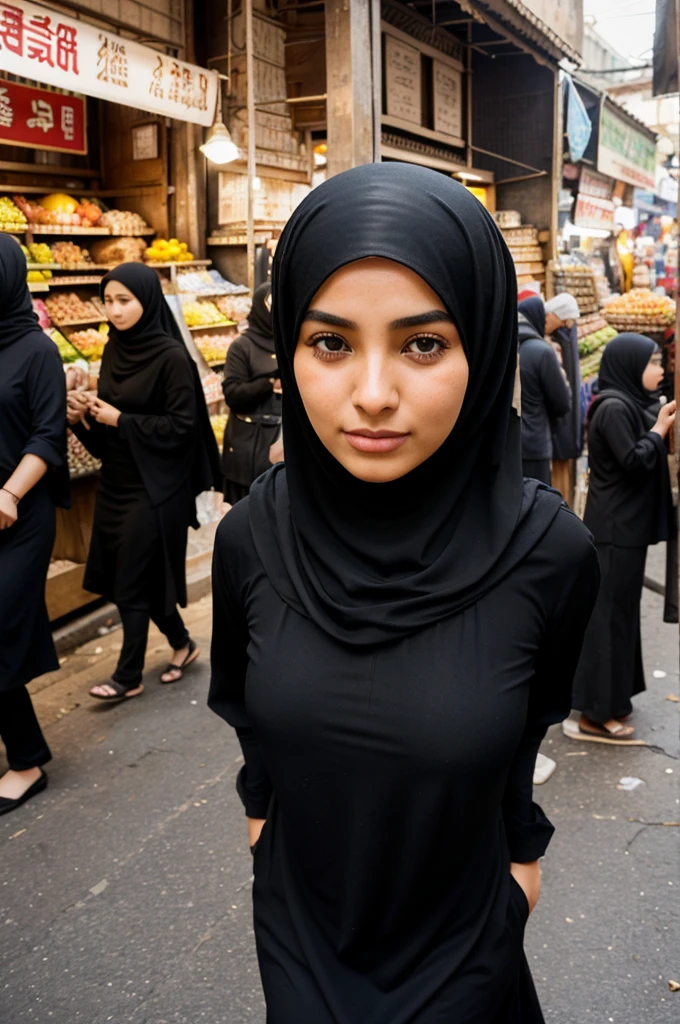 "Imagine you are wearing a full black hijab that covers everything except your eyes, and you are walking through a bustling market. Describe the sensations and thoughts you experience. How do you perceive your surroundings, and how do others perceive you? What does this moment mean to you in terms of your identity and strength?"