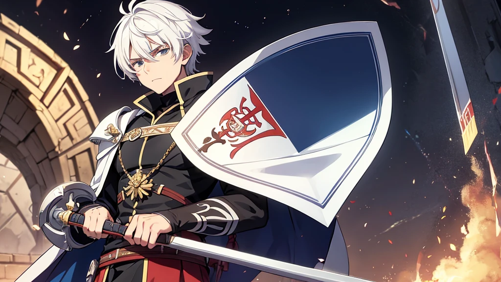 charachter, masculine, Roman anime, Mediovale, white  hair, alone holding shield
