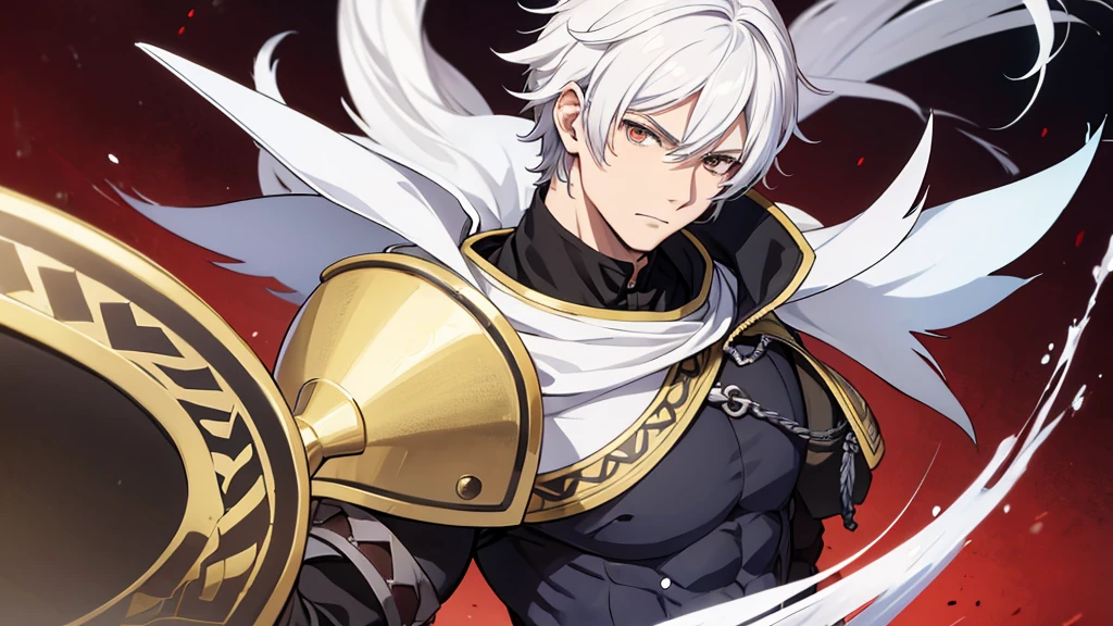 charachter, masculine, Roman anime, Mediovale, white  hair, alone holding shield
