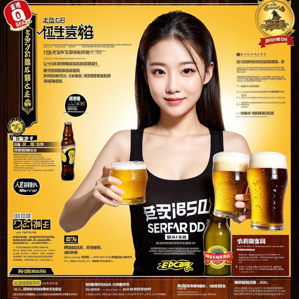 ((best quality)), ((masterpiece)), (detailed), 1girl, beer promotion flyer, holding 2glasses of beer