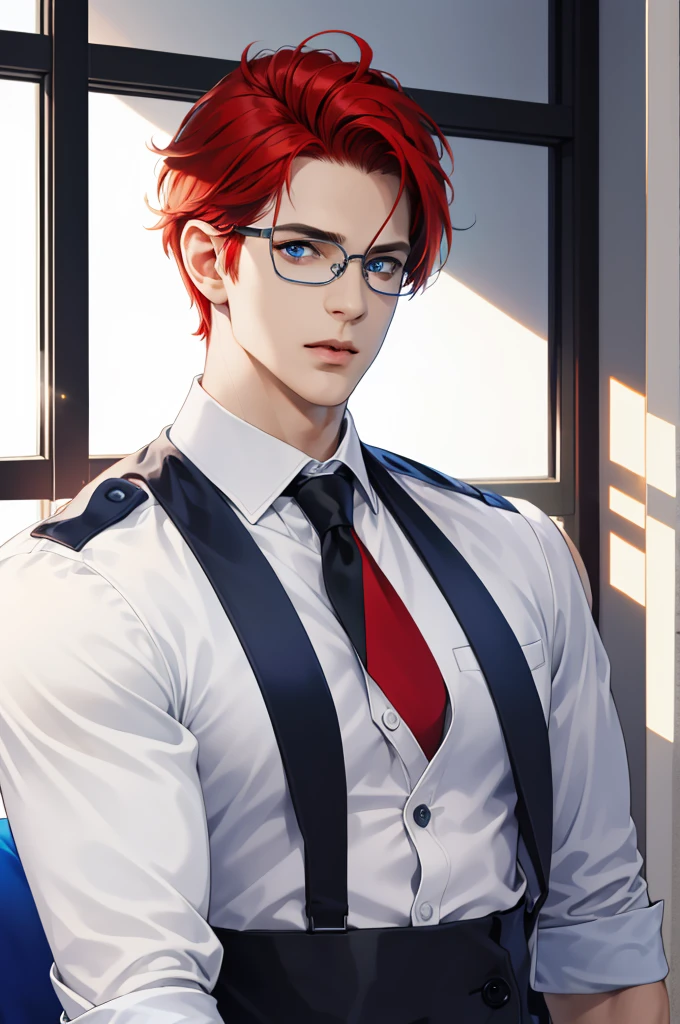 (masterpiece,best quality,ultra_detailed,highres,absurdres),1 mature male, 30-ish, (wide shoulder), (muscular), big body, male focus, solo, blue light eyes, blue light eyes color, upper body, short hair, red hair color, looking at viewer, flat face, parted lips, round eyewear, Masterpiece, high quality, best quality, HD, realistic, perfect lighting, detailed body, 1 man, wearing a jacket, white tie and shirt, calm expression, in the office background,