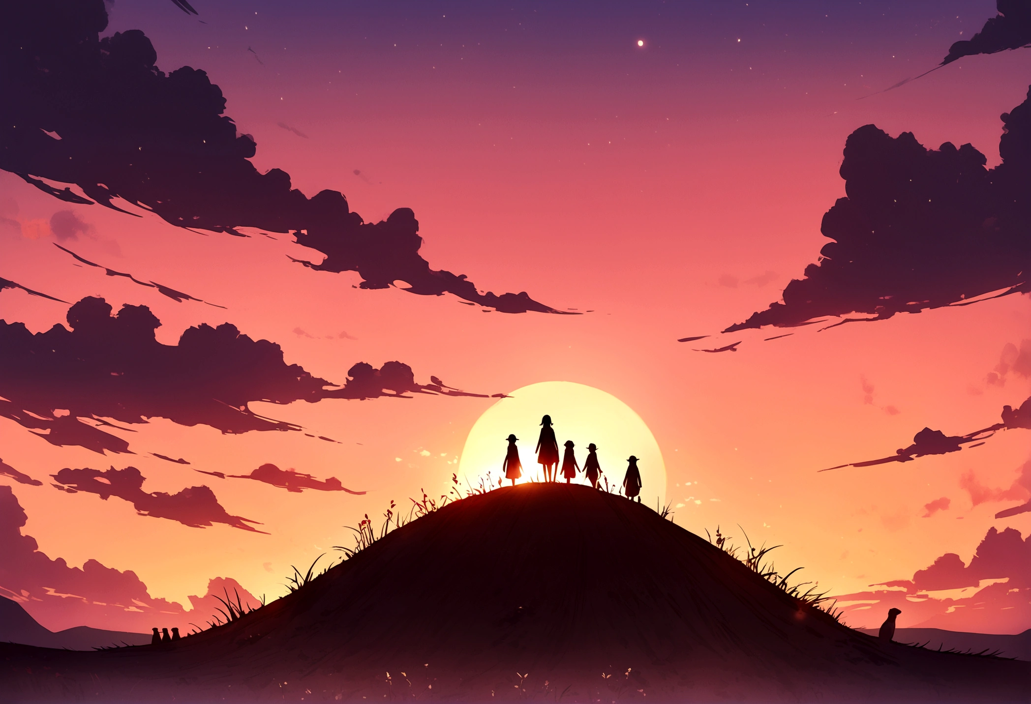 A family of Meerkats emerge from their burrow at sunrise, idealist prairie, lovely sunrise