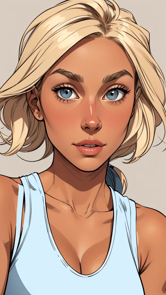 Flat colors, close up, portrait of a 25 year old surfer looking girl, tan skin, beach blonde salty hair, natural beaty, beautiful, casual, open grey tank top, Cleavage simply beige background